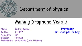 Department of physics
Making Graphene Visible
Name Indraj Meena Professor
Roll No. 211427 Dr. Sudipta Dubey
Semester 3rd
Subject Physics
Programme MSc – Phd (Dual Degree)
 