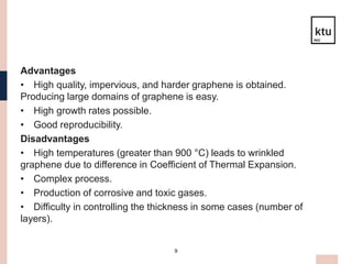 9
Advantages
• High quality, impervious, and harder graphene is obtained.
Producing large domains of graphene is easy.
• High growth rates possible.
• Good reproducibility.
Disadvantages
• High temperatures (greater than 900 °C) leads to wrinkled
graphene due to difference in Coefficient of Thermal Expansion.
• Complex process.
• Production of corrosive and toxic gases.
• Difficulty in controlling the thickness in some cases (number of
layers).
 