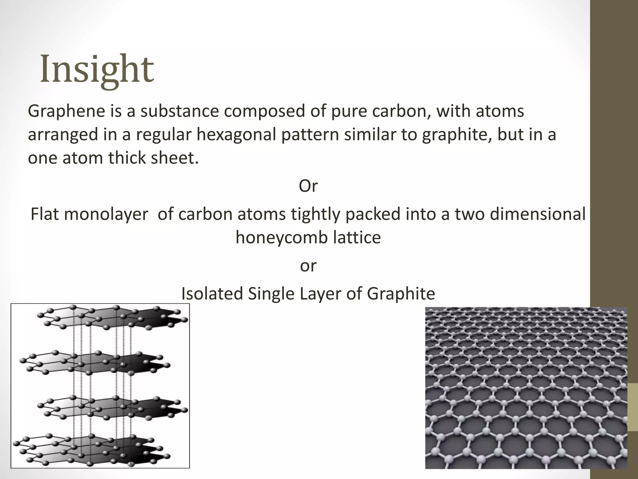 Insight
Graphene is a substance composed of pure carbon, with atoms
arranged in a regular hexagonal pattern similar to graphite, but in a
one atom thick sheet.
Or
Flat monolayer of carbon atoms tightly packed into a two dimensional
honeycomb lattice
or
Isolated Single Layer of Graphite
 