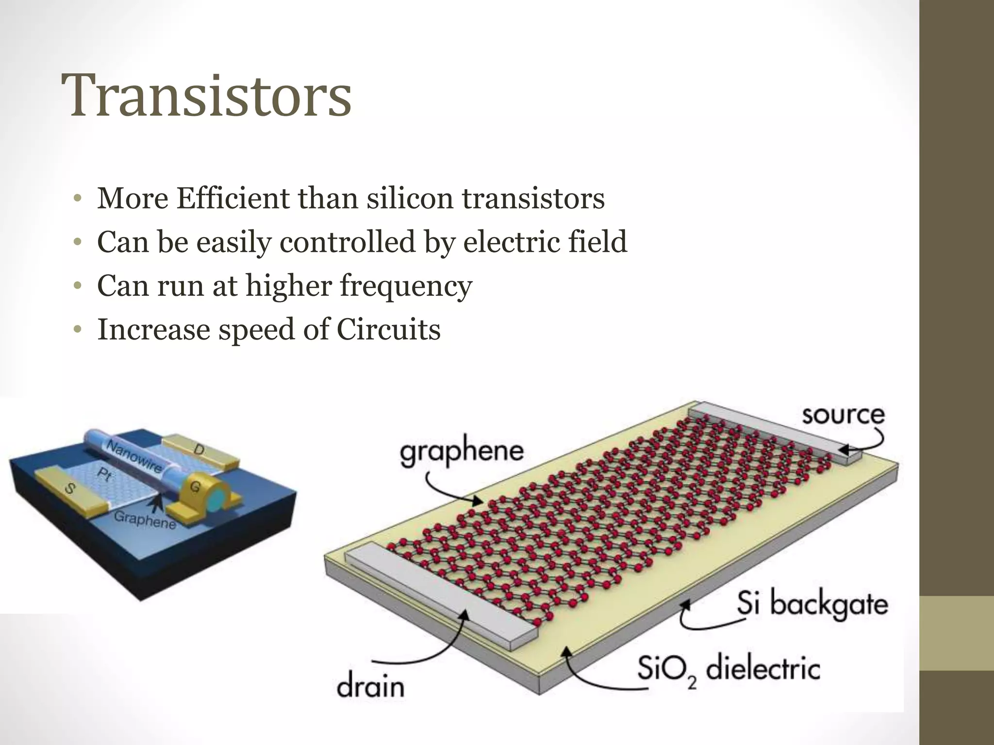 Transistors
• More Efficient than silicon transistors
• Can be easily controlled by electric field
• Can run at higher frequency
• Increase speed of Circuits
 