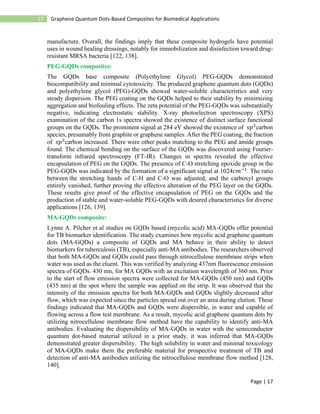 Page | 17
17 Graphene Quantum Dots-Based Composites for Biomedical Applications
manufacture. Overall, the findings imply that these composite hydrogels have potential
uses in wound healing dressings, notably for immobilization and disinfection toward drug-
resistant MRSA bacteria [122, 138].
PEG-GQDs composites:
The GQDs base composite (Polyethylene Glycol) PEG-GQDs demonstrated
biocompatibility and minimal cytotoxicity. The produced graphene quantum dots (GQDs)
and polyethylene glycol (PEG)-GQDs showed water-soluble characteristics and very
steady dispersion. The PEG coating on the GQDs helped to their stability by minimizing
aggregation and biofouling effects. The zeta potential of the PEG-GQDs was substantially
negative, indicating electrostatic stability. X-ray photoelectron spectroscopy (XPS)
examination of the carbon 1s spectra showed the existence of distinct surface functional
groups on the GQDs. The prominent signal at 284 eV showed the existence of 𝑠𝑝2
carbon
species, presumably from graphite or graphene samples. After the PEG coating, the fraction
of 𝑠𝑝3
carbon increased. There were other peaks matching to the PEG and amide groups
found. The chemical bonding on the surface of the GQDs was discovered using Fourier-
transform infrared spectroscopy (FT-IR). Changes in spectra revealed the effective
encapsulation of PEG on the GQDs. The presence of C-O stretching epoxide group in the
PEG-GQDs was indicated by the formation of a significant signal at 1024𝑐𝑚−1
. The ratio
between the stretching bands of C-H and C-O was adjusted, and the carboxyl groups
entirely vanished, further proving the effective alteration of the PEG layer on the GQDs.
These results give proof of the effective encapsulation of PEG on the GQDs and the
production of stable and water-soluble PEG-GQDs with desired characteristics for diverse
applications [126, 139].
MA-GQDs composite:
Lynne A. Pilcher et al studies on GQDs based (mycolic acid) MA-GQDs offer potential
for TB biomarker identification. The study examines how mycolic acid graphene quantum
dots (MA-GQDs) a composite of GQDs and MA behave in their ability to detect
biomarkers for tuberculosis (TB), especially anti-MA antibodies. The researchers observed
that both MA-GQDs and GQDs could pass through nitrocellulose membrane strips when
water was used as the eluent. This was verified by analyzing 437nm fluorescence emission
spectra of GQDs. 430 nm, for MA GQDs with an excitation wavelength of 360 nm. Prior
to the start of flow emission spectra were collected for MA-GQDs (450 nm) and GQDs
(435 nm) at the spot where the sample was applied on the strip. It was observed that the
intensity of the emission spectra for both MA-GQDs and GQDs slightly decreased after
flow, which was expected since the particles spread out over an area during elution. These
findings indicated that MA-GQDs and GQDs were dispersible, in water and capable of
flowing across a flow test membrane. As a result, mycolic acid graphene quantum dots by
utilizing nitrocellulose membrane flow method have the capability to identify anti-MA
antibodies. Evaluating the dispersibility of MA-GQDs in water with the semiconductor
quantum dot-based material utilized in a prior study, it was inferred that MA-GQDs
demonstrated greater dispersibility. The high solubility in water and minimal toxicology
of MA-GQDs make them the preferable material for prospective treatment of TB and
detection of anti-MA antibodies utilizing the nitrocellulose membrane flow method [128,
140].
 