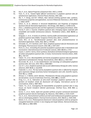 Page | 22
22 Graphene Quantum Dots-Based Composites for Biomedical Applications
54. Das, P., et al., Optical Properties of Quantum Dots. 2022. p. 69-85.
55. Yoon, H., et al., Toward highly efficient luminescence in graphene quantum dots for
optoelectronic applications. Chemical Physics Reviews, 2021. 2(3).
56. Ma, Y., Y. Zhang, and W.Y. William, Near infrared emitting quantum dots: synthesis,
luminescence properties and applications. Journal of Materials Chemistry C, 2019. 7(44):
p. 13662-13679.
57. Kalluri, A., et al., Advances in Structural Modifications and Properties of Graphene
Quantum Dots for Biomedical Applications. ACS Omega, 2023. 8(24): p. 21358-21376.
58. Chen, J., Graphene quantum dots and their applications in bioimaging and catalysis. 2019.
59. Pierrat, P. and J.-J. Gaumet, Graphene quantum dots: Emerging organic materials with
remarkable and tunable luminescence features. Tetrahedron Letters, 2020. 61(49): p.
152554.
60. Sengupta, S., et al., A review on synthesis, toxicity profile and biomedical applications of
graphene quantum dots (GQDs). Inorganica Chimica Acta, 2023: p. 121677.
61. Costa, M.C., et al., Two-dimensional quantum dots: from photoluminescence to
biomedical applications. Solids, 2022. 3(4): p. 578-602.
62. Schroeder, K.L., R.V. Goreham, and T. Nann, Graphene quantum dots for theranostics and
bioimaging. Pharmaceutical research, 2016. 33: p. 2337-2357.
63. Perini, G., et al., Unravelling the potential of graphene quantum dots in biomedicine and
neuroscience. International journal of molecular sciences, 2020. 21(10): p. 3712.
64. Iravani, S. and R.S. Varma, Green synthesis, biomedical and biotechnological applications
of carbon and graphene quantum dots. A review. Environmental chemistry letters, 2020.
18: p. 703-727.
65. Tabish, T.A., et al., Biocompatibility and toxicity of graphene quantum dots for potential
application in photodynamic therapy. Nanomedicine, 2018. 13(15): p. 1923-1937.
66. Nurunnabi, M., et al., In vivo biodistribution and toxicology of carboxylated graphene
quantum dots. ACS nano, 2013. 7(8): p. 6858-6867.
67. Lee, B.-C., et al., Graphene quantum dots as anti-inflammatory therapy for colitis. Science
advances, 2020. 6(18): p. eaaz2630.
68. Fasbender, S., et al., The low toxicity of graphene quantum dots is reflected by marginal
gene expression changes of primary human hematopoietic stem cells. Scientific reports,
2019. 9(1): p. 12028.
69. Ahirwar, S., S. Mallick, and D. Bahadur, Photodynamic therapy using graphene quantum
dot derivatives. Journal of Solid State Chemistry, 2020. 282: p. 121107.
70. Hong, G.-L., et al., Fabrication of ultra-small monolayer graphene quantum dots by
pyrolysis of trisodium citrate for fluorescent cell imaging. International journal of
nanomedicine, 2018: p. 4807-4815.
71. Tabish, T.A., et al., Investigating the bioavailability of graphene quantum dots in lung
tissues via Fourier transform infrared spectroscopy. Interface focus, 2018. 8(3): p.
20170054.
72. Kumar, V., et al., Facile, rapid and upscaled synthesis of green luminescent functional
graphene quantum dots for bioimaging. Rsc Advances, 2014. 4(40): p. 21101-21107.
73. Tan, X., et al., Electrochemical synthesis of small-sized red fluorescent graphene quantum
dots as a bioimaging platform. Chemical Communications, 2015. 51(13): p. 2544-2546.
74. Nahain, A.-A., et al., Photoresponsive fluorescent reduced graphene oxide by spiropyran
conjugated hyaluronic acid for in vivo imaging and target delivery. Biomacromolecules,
2013. 14(11): p. 4082-4090.
 