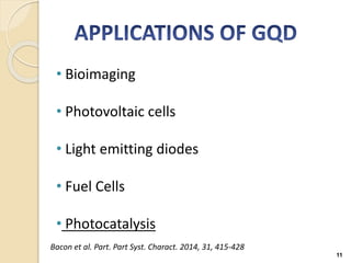 11
• Bioimaging
• Photovoltaic cells
• Light emitting diodes
• Fuel Cells
• Photocatalysis
Bacon et al. Part. Part Syst. Charact. 2014, 31, 415-428
 
