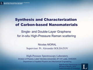 Single- and Double-Layer Graphene  for in-situ High-Pressure Raman scattering Synthesis and Characterization  of Carbon-based Nanomaterials Nicolas MORAL Supervisor: Pr. Alexander SOLDATOV High-Pressure Spectroscopy Laboratory Division of Physics, Luleå Tekniska Universitet, 971 87 Luleå, SWEDEN Department of Applied Physics and Mechanical Engineering 