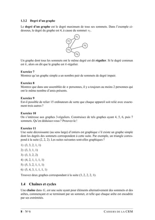 1.3.2 Degré d’un graphe
Le degré d’un graphe est le degré maximum de tous ses sommets. Dans l’exemple ci-
dessous, le degré du graphe est 4, à cause du sommet v3 .
v1
v2
v5
v3
v4
Un graphe dont tous les sommets ont le même degré est dit régulier. Si le degré commun
est k, alors on dit que le graphe est k-régulier.
Exercice 7
Montrez qu’un graphe simple a un nombre pair de sommets de degré impair.
Exercice 8
Montrez que dans une assemblée de n personnes, il y a toujours au moins 2 personnes qui
ont le même nombre d’amis présents.
Exercice 9
Est-il possible de relier 15 ordinateurs de sorte que chaque appareil soit relié avec exacte-
ment trois autres ?
Exercice 10
On s’intéresse aux graphes 3-réguliers. Construisez de tels graphes ayant 4, 5, 6, puis 7
sommets. Qu’en déduisez-vous ? Prouvez-le !
Exercice 11
Une suite décroissante (au sens large) d’entiers est graphique s’il existe un graphe simple
dont les degrés des sommets correspondent à cette suite. Par exemple, un triangle corres-
pond à la suite (2, 2, 2). Les suites suivantes sont-elles graphiques ?
1) (3, 3, 2, 1, 1)
2) (3, 3, 1, 1)
3) (3, 3, 2, 2)
4) (4, 2, 1, 1, 1, 1)
5) (5, 3, 2, 1, 1, 1)
6) (5, 4, 3, 1, 1, 1, 1)
Trouvez deux graphes correspondant à la suite (3, 2, 2, 2, 1).
1.4 Chaînes et cycles
Une chaîne dans G, est une suite ayant pour éléments alternativement des sommets et des
arêtes, commençant et se terminant par un sommet, et telle que chaque arête est encadrée
par ses extrémités.
8 · No 6 CAHIERS DE LA CRM
 