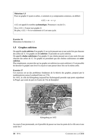 Théorème 1.3
Pour un graphe G ayant m arêtes, n sommets et p composantes connexes, on déﬁnit :
ν(G) = m−n+ p
ν(G) est appelé le nombre cyclomatique. Prononcer « nu de G ».
On a ν(G) 0 pour tout graphe G.
De plus, ν(G) = 0 si et seulement si G est sans cycle.
Exercice 16
Démontrez le théorème 1.3.
1.5 Graphes eulériens
On appelle cycle eulérien d’un graphe G un cycle passant une et une seule fois par chacune
des arêtes de G. Un graphe est dit eulérien s’il possède un cycle eulérien.
On appelle chaîne eulérienne d’un graphe G une chaîne passant une et une seule fois par
chacune des arêtes de G. Un graphe ne possédant que des chaînes eulériennes est semi-
eulérien.
Plus simplement, on peut dire qu’un graphe est eulérien (ou semi-eulérien) s’il est possible
de dessiner le graphe sans lever le crayon et sans passer deux fois sur la même arête.
Exercice 17
Cet exercice est un des problèmes fondateurs de la théorie des graphes, proposé par le
mathématicien suisse Leonhard Euler en 1736.
En 1652, la ville de Königsberg (aujourd’hui Kaliningrad) possède sept ponts enjambant
la Pregel, qui coule de part et d’autre de l’île de Kneiphof.
Königsberg en 1652
Au cours d’une promenade, est-il possible de passer sur tous les ponts de la ville une et une
seule fois ?
10 · No 6 CAHIERS DE LA CRM
 