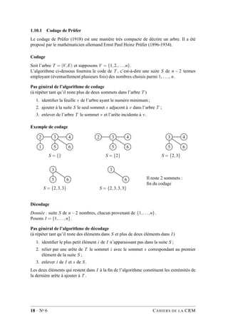 1.10.1 Codage de Prüfer
Le codage de Prüfer (1918) est une manière très compacte de décrire un arbre. Il a été
proposé par le mathématicien allemand Ernst Paul Heinz Prüfer (1896-1934).
Codage
Soit l’arbre T = (V,E) et supposons V = {1,2,...,n}.
L’algorithme ci-dessous fournira le code de T , c’est-à-dire une suite S de n − 2 termes
employant (éventuellement plusieurs fois) des nombres choisis parmi 1, ..., n.
Pas général de l’algorithme de codage
(à répéter tant qu’il reste plus de deux sommets dans l’arbre T )
1. identiﬁer la feuille v de l’arbre ayant le numéro minimum ;
2. ajouter à la suite S le seul sommet s adjacent à v dans l’arbre T ;
3. enlever de l’arbre T le sommet v et l’arête incidente à v.
Exemple de codage
2 3 4
1 5 6
S = {}
2 3 4
5 6
S = {2}
3 4
5 6
S = {2,3}
3
5 6
S = {2,3,3}
3
6
S = {2,3,3,3}
Il reste 2 sommets :
ﬁn du codage
Décodage
Donnée : suite S de n−2 nombres, chacun provenant de {1,...,n}.
Posons I = {1,...,n}.
Pas général de l’algorithme de décodage
(à répéter tant qu’il reste des éléments dans S et plus de deux éléments dans I)
1. identiﬁer le plus petit élément i de I n’apparaissant pas dans la suite S ;
2. relier par une arête de T le sommet i avec le sommet s correspondant au premier
élément de la suite S ;
3. enlever i de I et s de S.
Les deux éléments qui restent dans I à la ﬁn de l’algorithme constituent les extrémités de
la dernière arête à ajouter à T .
18 · No 6 CAHIERS DE LA CRM
 