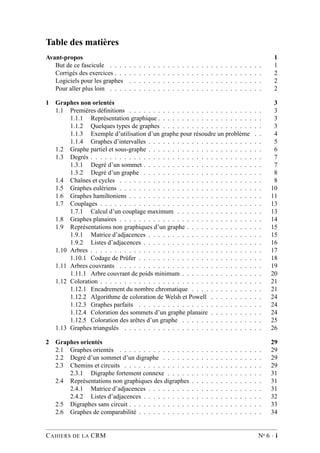 Table des matières
Avant-propos 1
But de ce fascicule . . . . . . . . . . . . . . . . . . . . . . . . . . . . . . . . 1
Corrigés des exercices . . . . . . . . . . . . . . . . . . . . . . . . . . . . . . . 2
Logiciels pour les graphes . . . . . . . . . . . . . . . . . . . . . . . . . . . . 2
Pour aller plus loin . . . . . . . . . . . . . . . . . . . . . . . . . . . . . . . . 2
1 Graphes non orientés 3
1.1 Premières déﬁnitions . . . . . . . . . . . . . . . . . . . . . . . . . . . . 3
1.1.1 Représentation graphique . . . . . . . . . . . . . . . . . . . . . . 3
1.1.2 Quelques types de graphes . . . . . . . . . . . . . . . . . . . . . 3
1.1.3 Exemple d’utilisation d’un graphe pour résoudre un problème . . 4
1.1.4 Graphes d’intervalles . . . . . . . . . . . . . . . . . . . . . . . . 5
1.2 Graphe partiel et sous-graphe . . . . . . . . . . . . . . . . . . . . . . . . 6
1.3 Degrés . . . . . . . . . . . . . . . . . . . . . . . . . . . . . . . . . . . . 7
1.3.1 Degré d’un sommet . . . . . . . . . . . . . . . . . . . . . . . . . 7
1.3.2 Degré d’un graphe . . . . . . . . . . . . . . . . . . . . . . . . . 8
1.4 Chaînes et cycles . . . . . . . . . . . . . . . . . . . . . . . . . . . . . . 8
1.5 Graphes eulériens . . . . . . . . . . . . . . . . . . . . . . . . . . . . . . 10
1.6 Graphes hamiltoniens . . . . . . . . . . . . . . . . . . . . . . . . . . . . 11
1.7 Couplages . . . . . . . . . . . . . . . . . . . . . . . . . . . . . . . . . . 13
1.7.1 Calcul d’un couplage maximum . . . . . . . . . . . . . . . . . . 13
1.8 Graphes planaires . . . . . . . . . . . . . . . . . . . . . . . . . . . . . . 14
1.9 Représentations non graphiques d’un graphe . . . . . . . . . . . . . . . . 15
1.9.1 Matrice d’adjacences . . . . . . . . . . . . . . . . . . . . . . . . 15
1.9.2 Listes d’adjacences . . . . . . . . . . . . . . . . . . . . . . . . . 16
1.10 Arbres . . . . . . . . . . . . . . . . . . . . . . . . . . . . . . . . . . . . 17
1.10.1 Codage de Prüfer . . . . . . . . . . . . . . . . . . . . . . . . . . 18
1.11 Arbres couvrants . . . . . . . . . . . . . . . . . . . . . . . . . . . . . . 19
1.11.1 Arbre couvrant de poids minimum . . . . . . . . . . . . . . . . . 20
1.12 Coloration . . . . . . . . . . . . . . . . . . . . . . . . . . . . . . . . . . 21
1.12.1 Encadrement du nombre chromatique . . . . . . . . . . . . . . . 21
1.12.2 Algorithme de coloration de Welsh et Powell . . . . . . . . . . . 24
1.12.3 Graphes parfaits . . . . . . . . . . . . . . . . . . . . . . . . . . 24
1.12.4 Coloration des sommets d’un graphe planaire . . . . . . . . . . . 24
1.12.5 Coloration des arêtes d’un graphe . . . . . . . . . . . . . . . . . 25
1.13 Graphes triangulés . . . . . . . . . . . . . . . . . . . . . . . . . . . . . 26
2 Graphes orientés 29
2.1 Graphes orientés . . . . . . . . . . . . . . . . . . . . . . . . . . . . . . 29
2.2 Degré d’un sommet d’un digraphe . . . . . . . . . . . . . . . . . . . . . 29
2.3 Chemins et circuits . . . . . . . . . . . . . . . . . . . . . . . . . . . . . 29
2.3.1 Digraphe fortement connexe . . . . . . . . . . . . . . . . . . . . 31
2.4 Représentations non graphiques des digraphes . . . . . . . . . . . . . . . 31
2.4.1 Matrice d’adjacences . . . . . . . . . . . . . . . . . . . . . . . . 31
2.4.2 Listes d’adjacences . . . . . . . . . . . . . . . . . . . . . . . . . 32
2.5 Digraphes sans circuit . . . . . . . . . . . . . . . . . . . . . . . . . . . . 33
2.6 Graphes de comparabilité . . . . . . . . . . . . . . . . . . . . . . . . . . 34
CAHIERS DE LA CRM No 6 · i
 