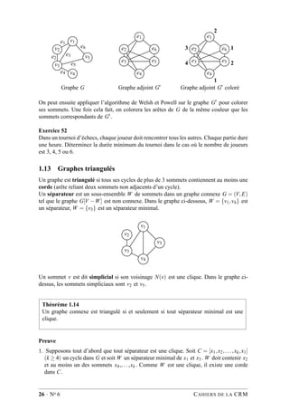 v1
v2
v5
v3
v4
e1
e3e2
e5
e4
e6
Graphe G
e1
e2 e6
e3 e5
e4
Graphe adjoint G′
e1
e2 e6
e3 e5
e4
2
3
4
1
2
1
Graphe adjoint G′ coloré
On peut ensuite appliquer l’algorithme de Welsh et Powell sur le graphe G′ pour colorer
ses sommets. Une fois cela fait, on colorera les arêtes de G de la même couleur que les
sommets correspondants de G′ .
Exercice 52
Dans un tournoi d’échecs, chaque joueur doit rencontrer tous les autres. Chaque partie dure
une heure. Déterminez la durée minimum du tournoi dans le cas où le nombre de joueurs
est 3, 4, 5 ou 6.
1.13 Graphes triangulés
Un graphe est triangulé si tous ses cycles de plus de 3 sommets contiennent au moins une
corde (arête reliant deux sommets non adjacents d’un cycle).
Un séparateur est un sous-ensemble W de sommets dans un graphe connexe G = (V,E)
tel que le graphe G[V −W] est non connexe. Dans le graphe ci-dessous, W = {v1,v4} est
un séparateur, W = {v3} est un séparateur minimal.
v1
v2
v5
v3
v4
Un sommet v est dit simplicial si son voisinage N(v) est une clique. Dans le graphe ci-
dessus, les sommets simpliciaux sont v2 et v5 .
Théorème 1.14
Un graphe connexe est triangulé si et seulement si tout séparateur minimal est une
clique.
Preuve
1. Supposons tout d’abord que tout séparateur est une clique. Soit C = [x1,x2,...,xk,x1]
(k ≥ 4) un cycle dans G et soit W un séparateur minimal de x1 et x3 . W doit contenir x2
et au moins un des sommets x4 ,...,xk . Comme W est une clique, il existe une corde
dans C.
26 · No 6 CAHIERS DE LA CRM
 