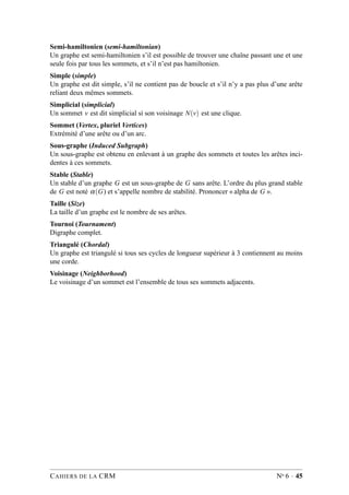 Semi-hamiltonien (semi-hamiltonian)
Un graphe est semi-hamiltonien s’il est possible de trouver une chaîne passant une et une
seule fois par tous les sommets, et s’il n’est pas hamiltonien.
Simple (simple)
Un graphe est dit simple, s’il ne contient pas de boucle et s’il n’y a pas plus d’une arête
reliant deux mêmes sommets.
Simplicial (simplicial)
Un sommet v est dit simplicial si son voisinage N(v) est une clique.
Sommet (Vertex, pluriel Vertices)
Extrémité d’une arête ou d’un arc.
Sous-graphe (Induced Subgraph)
Un sous-graphe est obtenu en enlevant à un graphe des sommets et toutes les arêtes inci-
dentes à ces sommets.
Stable (Stable)
Un stable d’un graphe G est un sous-graphe de G sans arête. L’ordre du plus grand stable
de G est noté α(G) et s’appelle nombre de stabilité. Prononcer « alpha de G ».
Taille (Size)
La taille d’un graphe est le nombre de ses arêtes.
Tournoi (Tournament)
Digraphe complet.
Triangulé (Chordal)
Un graphe est triangulé si tous ses cycles de longueur supérieur à 3 contiennent au moins
une corde.
Voisinage (Neighborhood)
Le voisinage d’un sommet est l’ensemble de tous ses sommets adjacents.
CAHIERS DE LA CRM No 6 · 45
 