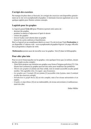 Corrigés des exercices
Par manque de place dans ce fascicule, les corrigés des exercices sont disponibles gratuite-
ment sur le site www.nymphomath.ch/graphes. L’internaute trouvera également sur ce site
quelques applets pour illustrer certains concepts.
Logiciels pour les graphes
Le logiciel gratuit Grin 4.0 (pour Windows) permet entre autres de :
– dessiner des graphes
– produire la matrice d’adjacences d’après le dessin
– colorer des graphes
– trouver le plus court chemin dans un graphe
– trouver les cycles eulériens et hamiltoniens
Bref, ce logiciel est un complément idéal à ce cours ! Il a été écrit par Vitali Petchenkine et
est disponible à l’adresse web : www.nymphomath.ch/graphes/logiciel/ (la page ofﬁcielle
de ce programme a disparu du web).
Mathematica permet aussi de travailler avec les graphes. Voir [5] dans la bibliographie.
Pour aller plus loin
Pour en savoir beaucoup plus sur les graphes, voici quelques livres que j’ai utilisés, classés
du plus simple au plus complet :
– Alain Hertz propose une initiation aux graphes sous forme d’énigmes policières [3]. Cela
illustre bien comment les graphes peuvent être utiles pour modéliser des problèmes.
– Théorie des graphes [1] donne une base solide, tout en restant accessible au plus grand
nombre. Très agréable à lire. Un regret : pas d’exercices.
– Les graphes par l’exemple [2] est comme [1] accessible à des lycéens, mais il contient
en plus des exercices corrigés.
– Introduction to graph theory [6] est très complet, mais d’un niveau universitaire et en
anglais.
– Graphes et algorithmes [4] est un indémodable, de niveau universitaire et malheureuse-
ment très cher.
Didier Müller
2 · No 6 CAHIERS DE LA CRM
 