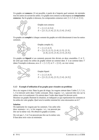 Un graphe est connexe s’il est possible, à partir de n’importe quel sommet, de rejoindre
tous les autres en suivant les arêtes. Un graphe non connexe se décompose en composantes
connexes. Sur le graphe ci-dessous, les composantes connexes sont {1,2,3,4} et {5,6}.
2 1
3 6
4 5
Graphe non connexe
V = {1,2,3,4,5,6}
E = {1,3},{1,4},{2,3},{3,4},{5,6}
Un graphe est complet si chaque sommet du graphe est relié directement à tous les autres
sommets.
1
2
5
3
4
Graphe complet K5
V = {1,2,3,4,5}
E = {1,2},{1,3},{1,4},{1,5},{2,3},
{2,4},{2,5},{3,4},{3,5},{4,5}
Un graphe est biparti si ses sommets peuvent être divisés en deux ensembles X et Y ,
de sorte que toutes les arêtes du graphe relient un sommet dans X à un sommet dans Y
(dans l’exemple ci-dessous, on a X = {1,3,5} et Y = {2,4}, ou vice versa).
1
2
3
4
5
Graphe biparti
V = {1,2,3,4,5}
E = {1,2},{1,4},{2,5},{3,4},{4,5}
1.1.3 Exemple d’utilisation d’un graphe pour résoudre un problème
On a six wagons à trier. Dans la gare de triage, les wagons entrent dans l’ordre 2, 5, 3, 6,
1, 4 et doivent sortir dans l’ordre croissant. Deux wagons i et j peuvent être mis sur la
même voie si et seulement s’ils entrent dans l’ordre dans lequel ils doivent sortir.
Dessinez un graphe illustrant la situation, en indiquant ce que représentent les sommets et
les arêtes de votre graphe. Quel sera le nombre minimal de voies nécessaires au tri ?
Solution
On représente les wagons par les sommets. Une arête relie
deux sommets i et j si les wagons i et j ne peuvent pas
être sur la même voie. On obtient le graphe ci-contre.
On voit que 1, 3 et 5 ne peuvent pas être sur la même voie.
Il faut donc trois voies au minimum.
2 1
3 6
4 5
4 · No 6 CAHIERS DE LA CRM
 