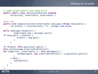 Hadoop et consorts

// Code vertex-centric avec Hama 0.5.0
public static class ShortestPathVertex extends
      Vertex<Tex...