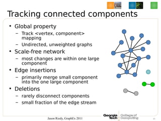 Tracking connected components
• Global property
  – Track <vertex, component>
    mapping
  – Undirected, unweighted graph...