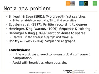 Not a new problem
• Shiloach & Even (1981): Two breadth-first searches
  – 1st to restablish connectivity, 2nd to find sep...