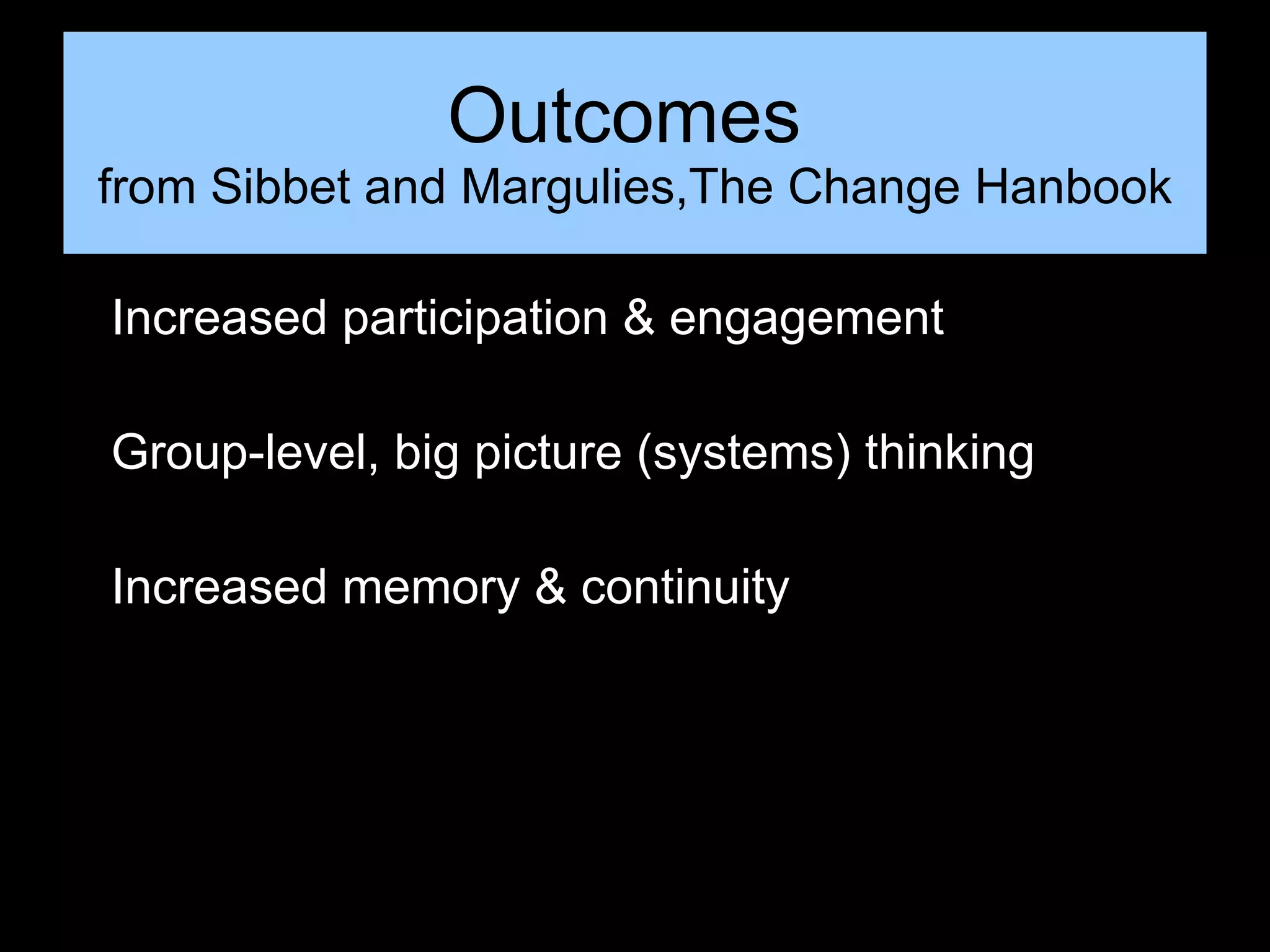 Outcomes  from Sibbet and Margulies,The Change Hanbook Increased participation & engagement Group-level, big picture (systems) thinking  Increased memory & continuity 