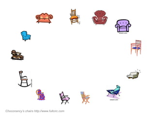 Welcome! Write your
                                        name beneath a chair
                                        and get comfortable!




Choconancy’s chairs http://www.fullcirc.com
 