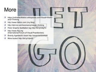 More
   https://onlinefacilitation.wikispaces.com/Visual+Work+
    and+Thinking
   http://www.fullcirc.com (my blog)
   http://del.icio.us/choconancy/visual_thinking
   Flickr Graphic facilitation tag http://bit.ly/UIpjTx
   http://www.ifvp.org
    (International Forum of Visual Practitioners)
   Brandy Agerbeck’s book http://amzn.to/UIoWbN
   More books! http://bit.ly/UIp4I5
 