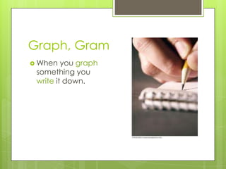 Graph, Gram
 When   you graph
 something you
 write it down.
 