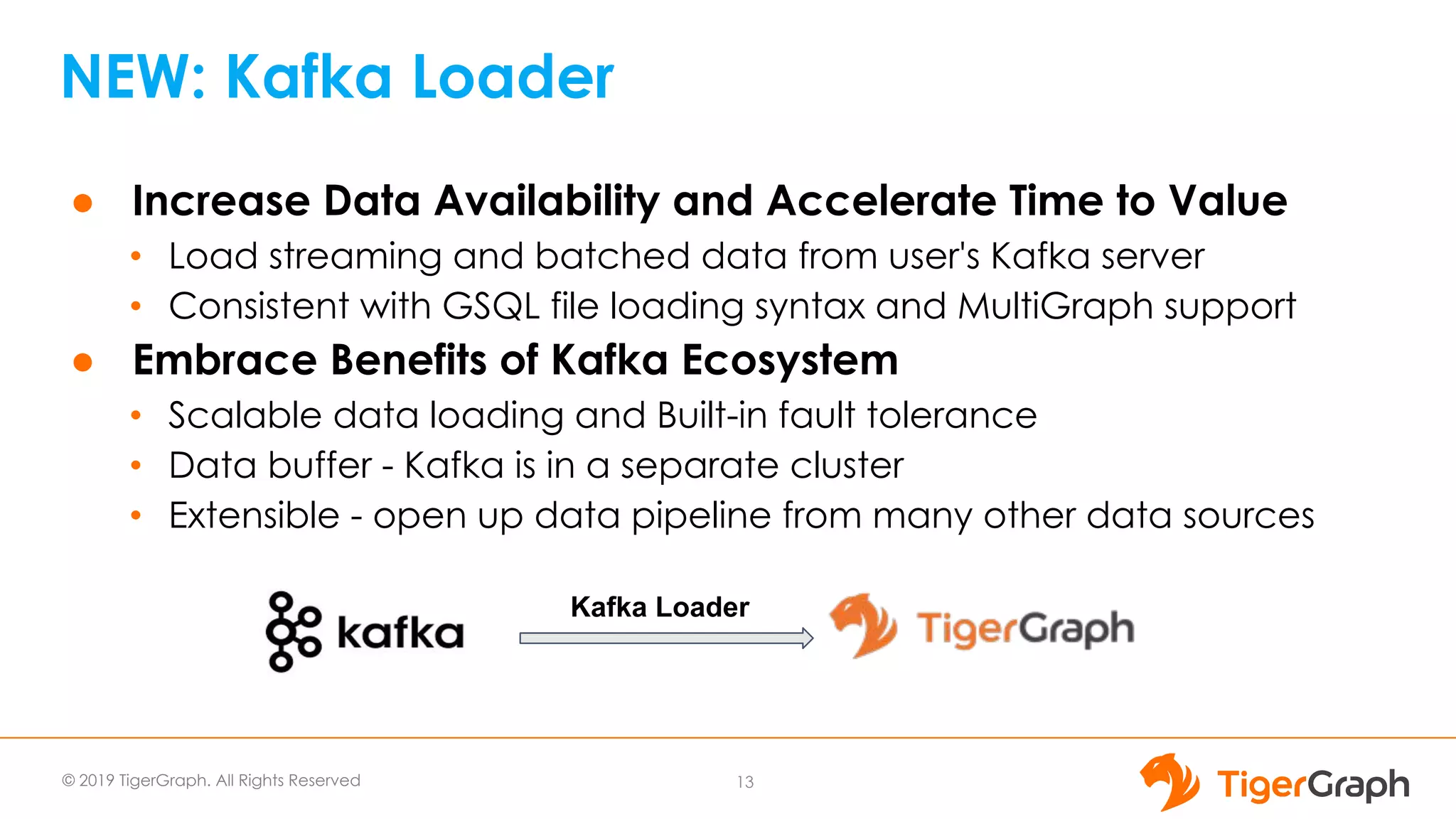 © 2019 TigerGraph. All Rights Reserved
NEW: Kafka Loader
● Increase Data Availability and Accelerate Time to Value
• Load streaming and batched data from user's Kafka server
• Consistent with GSQL file loading syntax and MultiGraph support
● Embrace Benefits of Kafka Ecosystem
• Scalable data loading and Built-in fault tolerance
• Data buffer - Kafka is in a separate cluster
• Extensible - open up data pipeline from many other data sources
13
Kafka Loader
 
