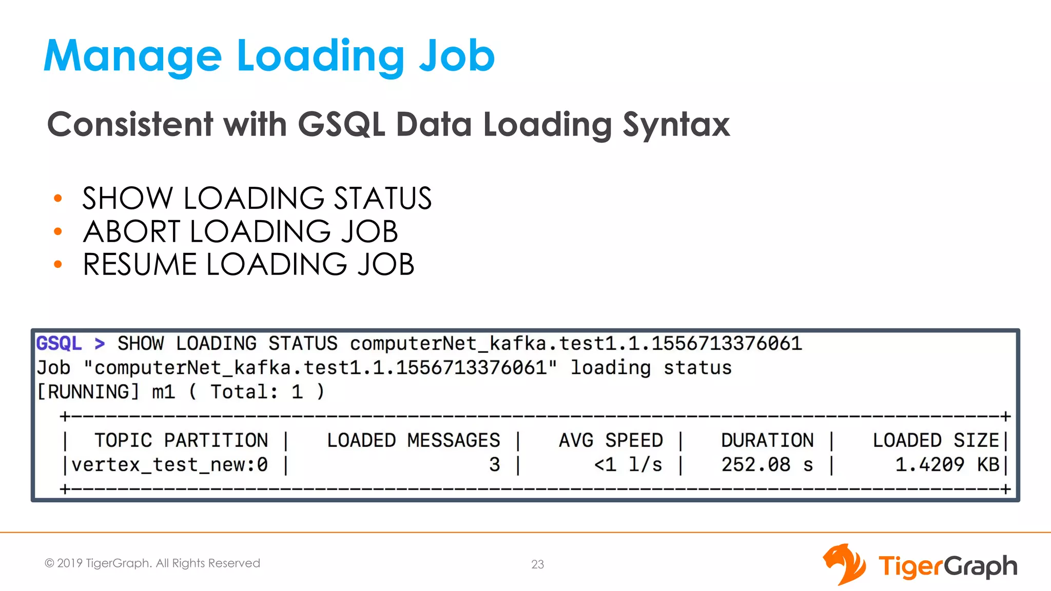 © 2019 TigerGraph. All Rights Reserved
Manage Loading Job
• SHOW LOADING STATUS
• ABORT LOADING JOB
• RESUME LOADING JOB
23
Consistent with GSQL Data Loading Syntax
 