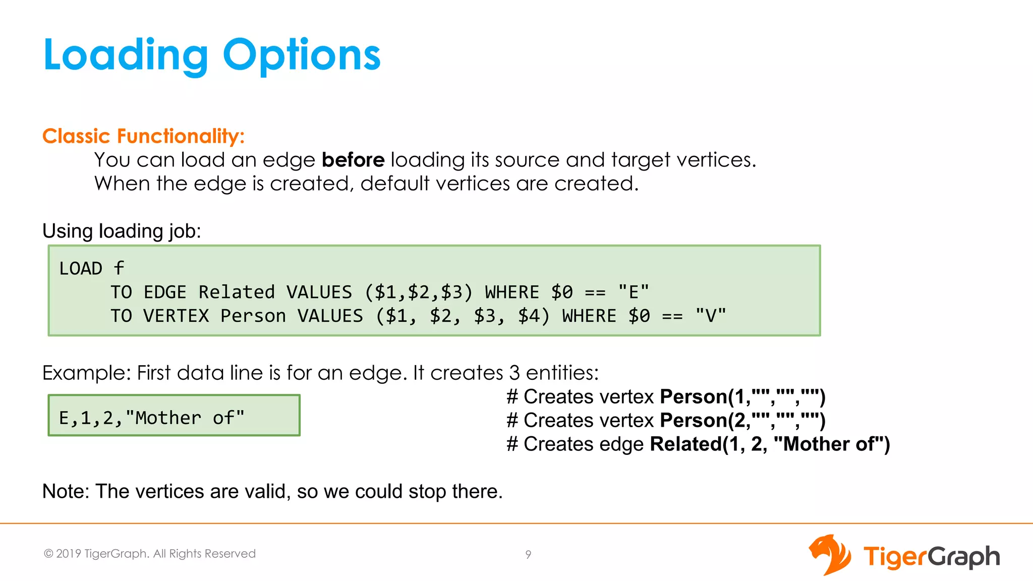 © 2019 TigerGraph. All Rights Reserved
Loading Options
9
Classic Functionality:
You can load an edge before loading its source and target vertices.
When the edge is created, default vertices are created.
Using loading job:
Example: First data line is for an edge. It creates 3 entities:
# Creates vertex Person(1,"","","")
# Creates vertex Person(2,"","","")
# Creates edge Related(1, 2, "Mother of")
Note: The vertices are valid, so we could stop there.
E,1,2,"Mother of"
LOAD f
TO EDGE Related VALUES ($1,$2,$3) WHERE $0 == "E"
TO VERTEX Person VALUES ($1, $2, $3, $4) WHERE $0 == "V"
 