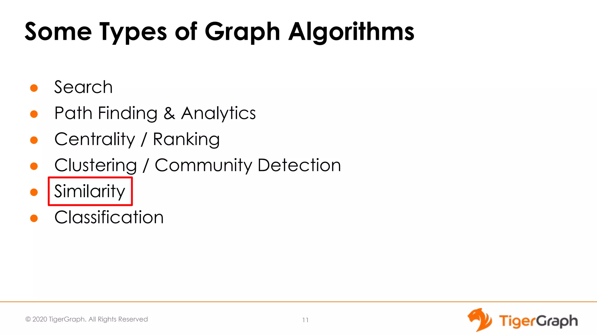 © 2020 TigerGraph. All Rights Reserved Some Types of Graph Algorithms ● Search ● Path Finding & Analytics ● Centrality / Ranking ● Clustering / Community Detection ● Similarity ● Classification 11 