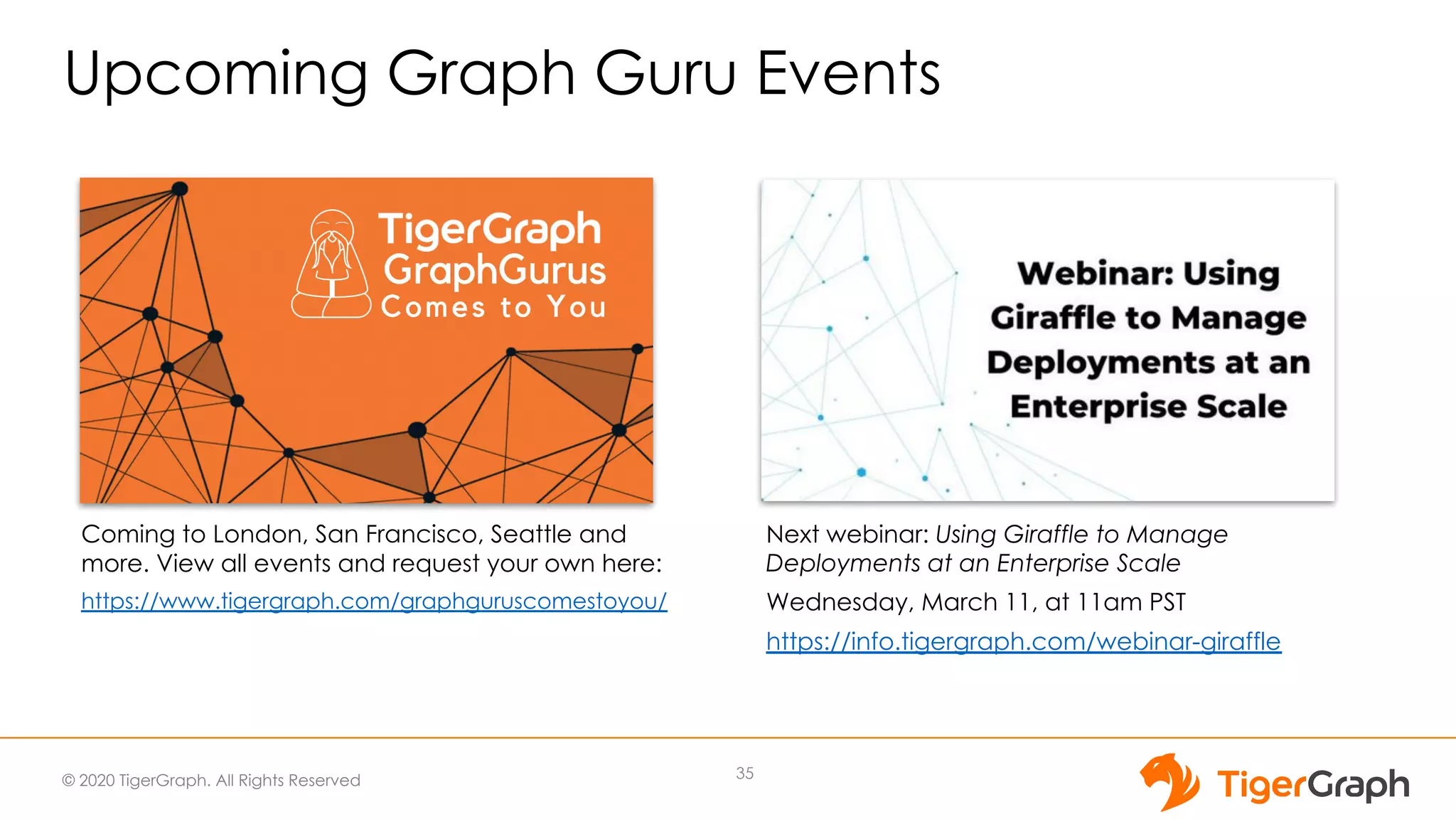 © 2020 TigerGraph. All Rights Reserved Upcoming Graph Guru Events Coming to London, San Francisco, Seattle and more. View all events and request your own here: https://www.tigergraph.com/graphguruscomestoyou/ Next webinar: Using Giraffle to Manage Deployments at an Enterprise Scale Wednesday, March 11, at 11am PST https://info.tigergraph.com/webinar-giraffle 35 