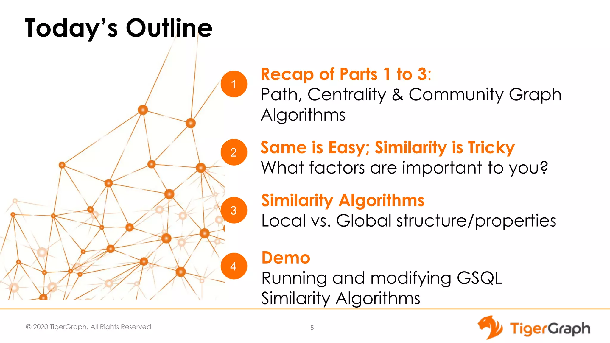 © 2020 TigerGraph. All Rights Reserved Today’s Outline 5 1 3 2 Recap of Parts 1 to 3: Path, Centrality & Community Graph Algorithms Similarity Algorithms Local vs. Global structure/properties Same is Easy; Similarity is Tricky What factors are important to you? 4 Demo Running and modifying GSQL Similarity Algorithms 