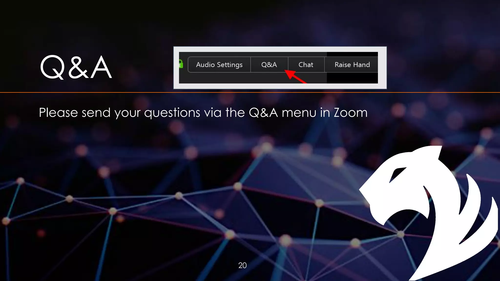 Q&A
Please send your questions via the Q&A menu in Zoom
20
 