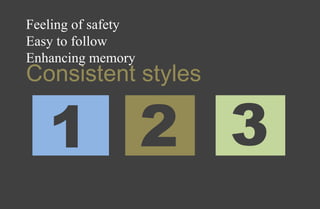 Consistent styles
Feeling of safety
Easy to follow
Enhancing memory
13121
 