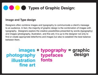 Types of Graphic Design:
Image and Type design
Designers often combine images and typography to communicate a client’s message
to an audience. In fact, the majority of graphic design is the combination of images with
typography. Designers explore the creative possibilities presented by words (typography)
and images (photography, illustration, and fine art). It is up to the designer not only to
find or create appropriate letterforms and images but also to establish the best balance
between them.
photography
illustration
fine art
typefaces
fonts
images + typography = graphic
design
 