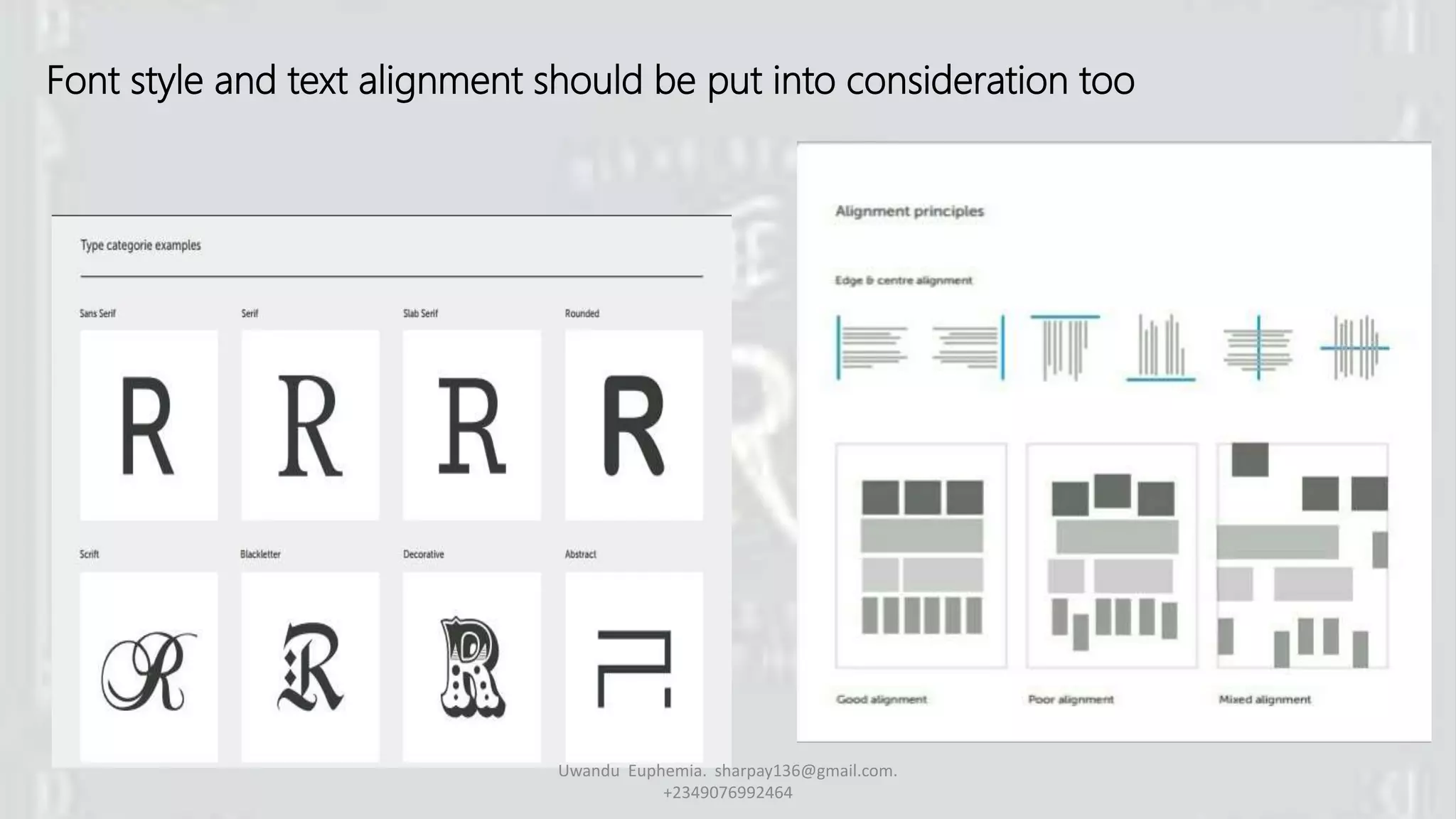 Font style and text alignment should be put into consideration too
Uwandu Euphemia. sharpay136@gmail.com.
+2349076992464
 
