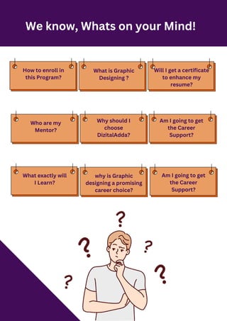 We know, Whats on your Mind!
Who are my
Mentor?
How to enroll in
this Program?
What exactly will
I Learn?
Why should I
choose
DizitalAdda?
What is Graphic
Designing ?
why is Graphic
designing a promising
career choice?
Am I going to get
the Career
Support?
Am I going to get
the Career
Support?
Will I get a certificate
to enhance my
resume?
 