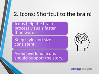 2. Icons: Shortcut to the brain!
Icons help the brain
process visuals faster
than words.
Keep style and size
consistent.
Avoid overload! Icons
should support the story.
 