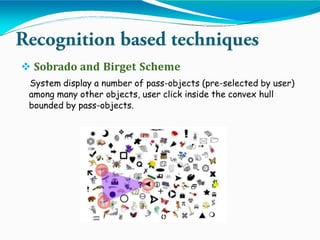  Sobrado and Birget Scheme
System display a number of pass-objects (pre-selected by user)
among many other objects, user click inside the convex hull
bounded by pass-objects.
 