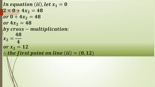 𝑰𝒏 𝒆𝒒𝒖𝒂𝒕𝒊𝒐𝒏 𝒊𝒊 , 𝒍𝒆𝒕 𝒙 𝟏 = 𝟎
𝟐 × 𝟎 + 𝟒𝒙 𝟐 = 𝟒𝟖
𝒐𝒓 𝟎 + 𝟒𝒙 𝟐 = 𝟒𝟖
𝒐𝒓 𝟒𝒙 𝟐 = 𝟒𝟖
𝒃𝒚 𝒄𝒓𝒐𝒔𝒔 − 𝒎𝒖𝒍𝒕𝒊𝒑𝒍𝒊𝒄𝒂𝒕𝒊𝒐𝒏:
𝒙 𝟐 =
𝟒𝟖
𝟒
𝒐𝒓 𝒙 𝟐 = 𝟏𝟐
∴ 𝒕𝒉𝒆 𝒇𝒊𝒓𝒔𝒕 𝒑𝒐𝒊𝒏𝒕 𝒐𝒏 𝒍𝒊𝒏𝒆 𝒊𝒊 = (𝟎, 𝟏𝟐)
 