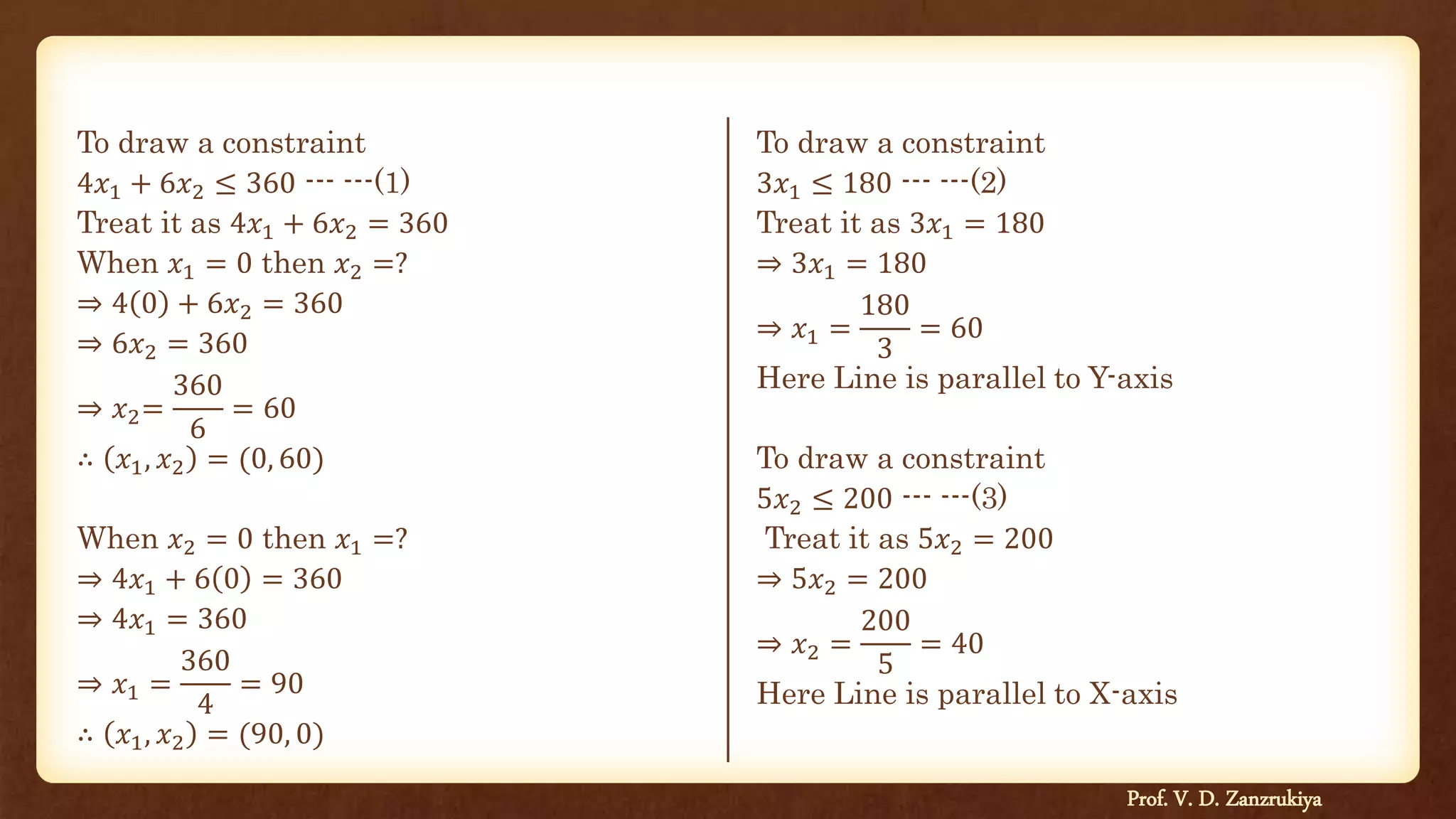 To draw a constraint
4𝑥1 + 6𝑥2 ≤ 360 --- ---(1)
Treat it as 4𝑥1 + 6𝑥2 = 360
When 𝑥1 = 0 then 𝑥2 =?
⇒ 4 0 + 6𝑥2 = 360
⇒ 6𝑥2 = 360
⇒ 𝑥2=
360
6
= 60
∴ 𝑥1, 𝑥2 = (0, 60)
When 𝑥2 = 0 then 𝑥1 =?
⇒ 4𝑥1 + 6 0 = 360
⇒ 4𝑥1 = 360
⇒ 𝑥1 =
360
4
= 90
∴ 𝑥1, 𝑥2 = (90, 0)
To draw a constraint
3𝑥1 ≤ 180 --- ---(2)
Treat it as 3𝑥1 = 180
⇒ 3𝑥1 = 180
⇒ 𝑥1 =
180
3
= 60
Here Line is parallel to Y-axis
To draw a constraint
5𝑥2 ≤ 200 --- ---(3)
Treat it as 5𝑥2 = 200
⇒ 5𝑥2 = 200
⇒ 𝑥2 =
200
5
= 40
Here Line is parallel to X-axis
Prof. V. D. Zanzrukiya
 