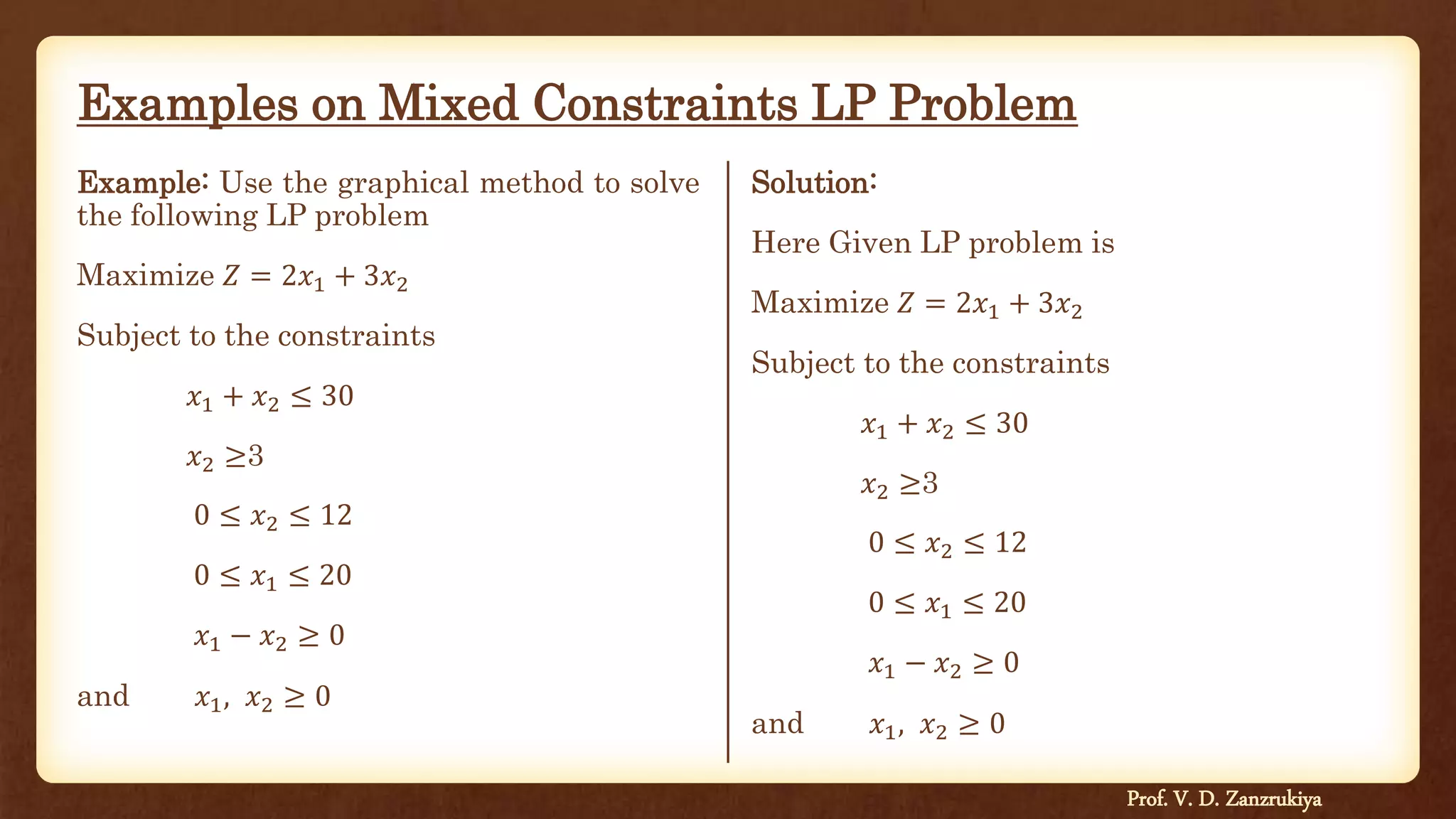 Examples on Mixed Constraints LP Problem
Example: Use the graphical method to solve
the following LP problem
Maximize 𝑍 = 2𝑥1 + 3𝑥2
Subject to the constraints
𝑥1 + 𝑥2 ≤ 30
𝑥2 ≥3
0 ≤ 𝑥2 ≤ 12
0 ≤ 𝑥1 ≤ 20
𝑥1 − 𝑥2 ≥ 0
and 𝑥1, 𝑥2 ≥ 0
Solution:
Here Given LP problem is
Maximize 𝑍 = 2𝑥1 + 3𝑥2
Subject to the constraints
𝑥1 + 𝑥2 ≤ 30
𝑥2 ≥3
0 ≤ 𝑥2 ≤ 12
0 ≤ 𝑥1 ≤ 20
𝑥1 − 𝑥2 ≥ 0
and 𝑥1, 𝑥2 ≥ 0
Prof. V. D. Zanzrukiya
 