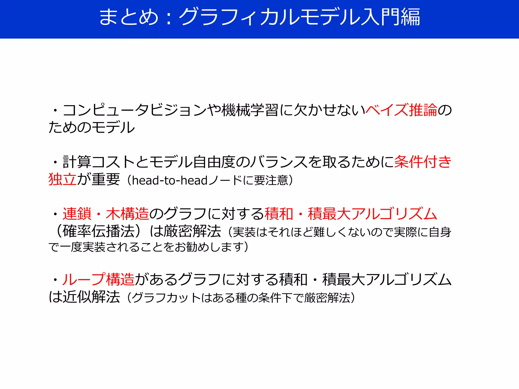 まとめ：グラフィカルモデル入門編
・コンピュータビジョンや機械学習に欠かせないベイズ推論の
ためのモデル
・計算コストとモデル自由度のバランスを取るために条件付き
独立が重要（head-to-headノードに要注意）
・連鎖・木構造のグラフに対する積和・積最大アルゴリズム
（確率伝播法）は厳密解法（実装はそれほど難しくないので実際に自身
で一度実装されることをお勧めします）
・ループ構造があるグラフに対する積和・積最大アルゴリズム
は近似解法（グラフカットはある種の条件下で厳密解法）
 