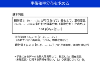 事後確率分布を求める
潜在変数：
（汚れていない画素値，ラベル，物体位置など）
観測値： （汚れた画素値，画像特徴など）
観測値 が与えられているもとで，潜在変数
の条件付き確率分布（事後分布）を求めよ．
＊手元にあるデータを最大限利用して，推定したい潜在変数
（未知変数）に関する情報を得たい，という表現になっている．
find
基本問題
 