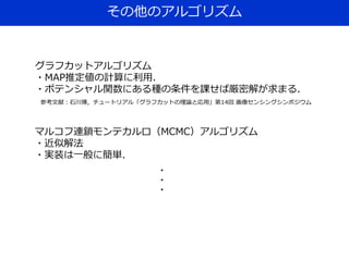 その他のアルゴリズム
グラフカットアルゴリズム
・MAP推定値の計算に利用．
・ポテンシャル関数にある種の条件を課せば厳密解が求まる．
参考文献：石川博，チュートリアル「グラフカットの理論と応用」第14回 画像センシングシンポジウム
マルコフ連鎖モンテカルロ（MCMC）アルゴリズム
・近似解法
・実装は一般に簡単．
・
・
・
 