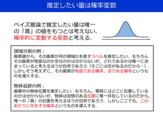 推定したい量は確率変数
ベイズ推論で推定したい量は唯一
の「真」の値をもつとは考えない．
確率的に変動する変数と考える．
領域分割の例：
画素値から，その画素が何の領域かを表すラベルを推定したい．もちろん
その画素が地面なのか空なのかは分からないが，どれであるかは唯一に決
まっていると考えるほうが自然であろう（そこには空があるのだから…）．
しかしそう考えずに，その画素が地面である確率，空である確率というも
のを導入する．
物体追跡の例：
画像中の物体位置を推定したい．もちろん，事前にはどこに位置している
のかは分からないが，物体は空間のある位置に唯一存在しているのだから，
唯一の「真」の位置を考えるほうが自然であろう．しかしここでも，この
あたりに存在する確率というものを導入する．
 