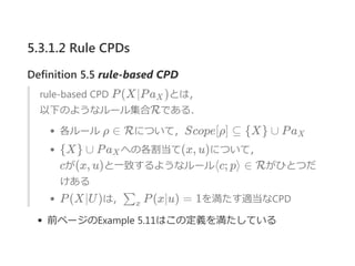 5.3.1.2 Rule CPDs
Definition 5.5 rule‐based CPD
rule‐based CPD P(X∣Pa )とは，
以下のようなルール集合Rである．
各ルール ρ ∈ Rについて，Scope[ρ] ⊆ {X} ∪ Pa
{X} ∪ Pa への各割当て(x, u)について，
cが(x, u)と一致するようなルール⟨c; p⟩ ∈ Rがひとつだ
けある
P(X∣U)は， P(x∣u) = 1を満たす適当なCPD
前ページのExample 5.11はこの定義を満たしている
X
X
X
∑x
 