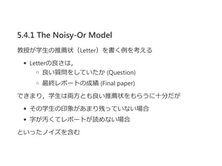 5.4.1 The Noisy-Or Model
教授が学生の推薦状（Letter）を書く例を考える
Letterの良さは，
良い質問をしていたか ﴾Question﴿
最終レポートの成績 ﴾Final paper﴿
できまり，学生は両方とも良い推薦状をもらうに十分だが
その学生の印象があまり残っていない場合
字が汚くてレポートが読めない場合
といったノイズを含む
 