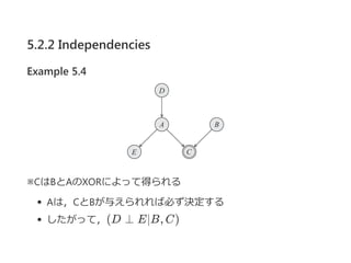 5.2.2 Independencies
Example 5.4
※CはBとAのXORによって得られる
Aは，CとBが与えられれば必ず決定する
したがって，(D ⊥ E∣B, C)
 