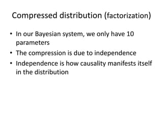 Compressed distribution (factorization)
• In our Bayesian system, we only have 10
  parameters
• The compression is due to independence
• Independence is how causality manifests itself
  in the distribution
 