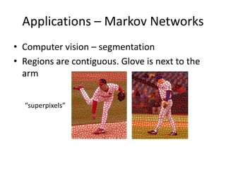Applications – Markov Networks
• Computer vision – segmentation
• Regions are contiguous. Glove is next to the
  arm


  “superpixels”
 