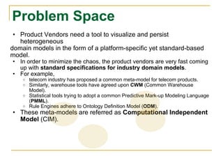 Problem Space  Product Vendors need a tool to visualize and persist heterogeneous  domain models in the form of a platform-specific yet standard-based  model. In order to minimize the chaos, the product vendors are very fast coming up with  standard specifications for industry domain models .  For example,  telecom industry has proposed a common meta-model for telecom products.  Similarly, warehouse tools have agreed upon  CWM  (Common Warehouse Model). Statistical tools trying to adopt a common Predictive Mark-up Modeling Language ( PMML ). Rule Engines adhere to Ontology Definition Model ( ODM ). These meta-models are referred as  Computational Independent Model  (CIM). 