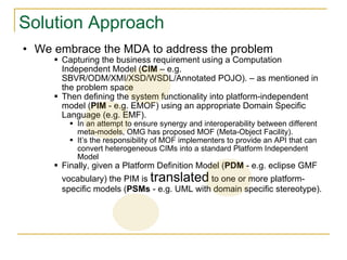 Solution Approach We embrace the MDA to address the problem Capturing the business requirement using a Computation Independent Model ( CIM  – e.g. SBVR/ODM/XMI/XSD/WSDL/Annotated POJO). – as mentioned in the problem space Then defining the system functionality into platform-independent model ( PIM  - e.g. EMOF) using an appropriate Domain Specific Language (e.g. EMF). In an attempt to ensure synergy and interoperability between different meta-models, OMG has proposed MOF (Meta-Object Facility). It’s the responsibility of MOF implementers to provide an API that can convert heterogeneous CIMs into a standard Platform Independent Model  Finally, given a Platform Definition Model ( PDM  - e.g. eclipse GMF vocabulary) the PIM is  translated  to one or more platform-specific models ( PSMs  - e.g. UML with domain specific stereotype). 